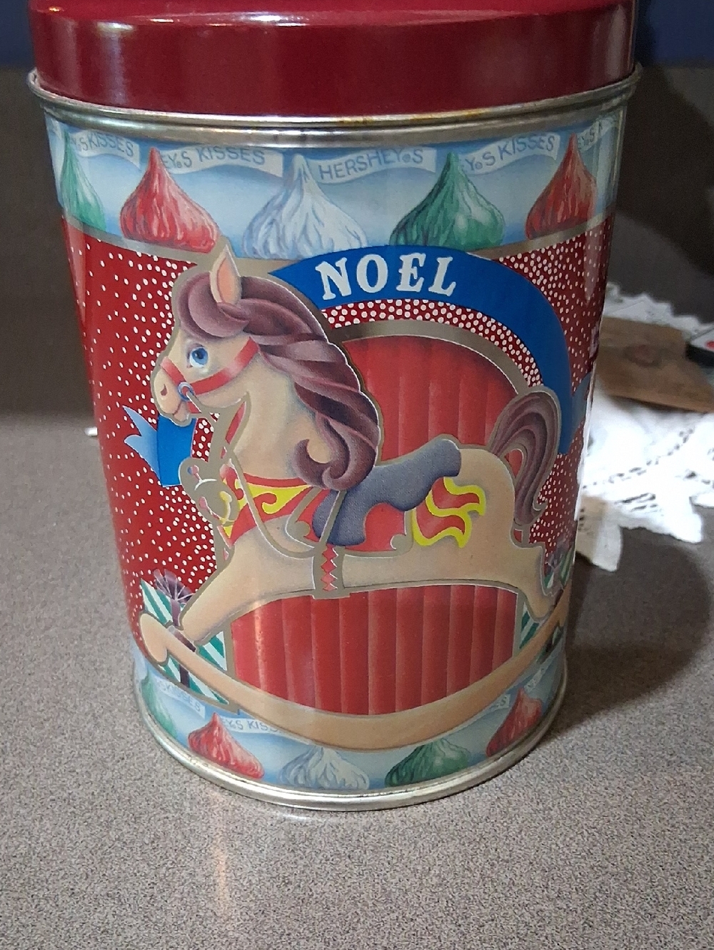 Noel Carousel Horse Holiday Cookie Tin - Red